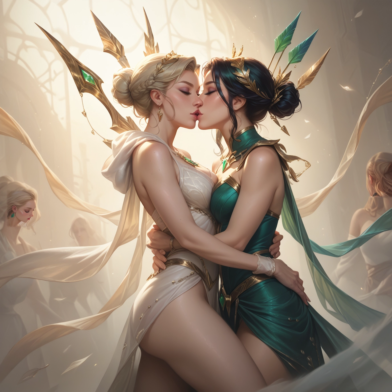 multiple girls, yuri, blonde hair, breasts, kiss, jewelry · Yamete.gg
