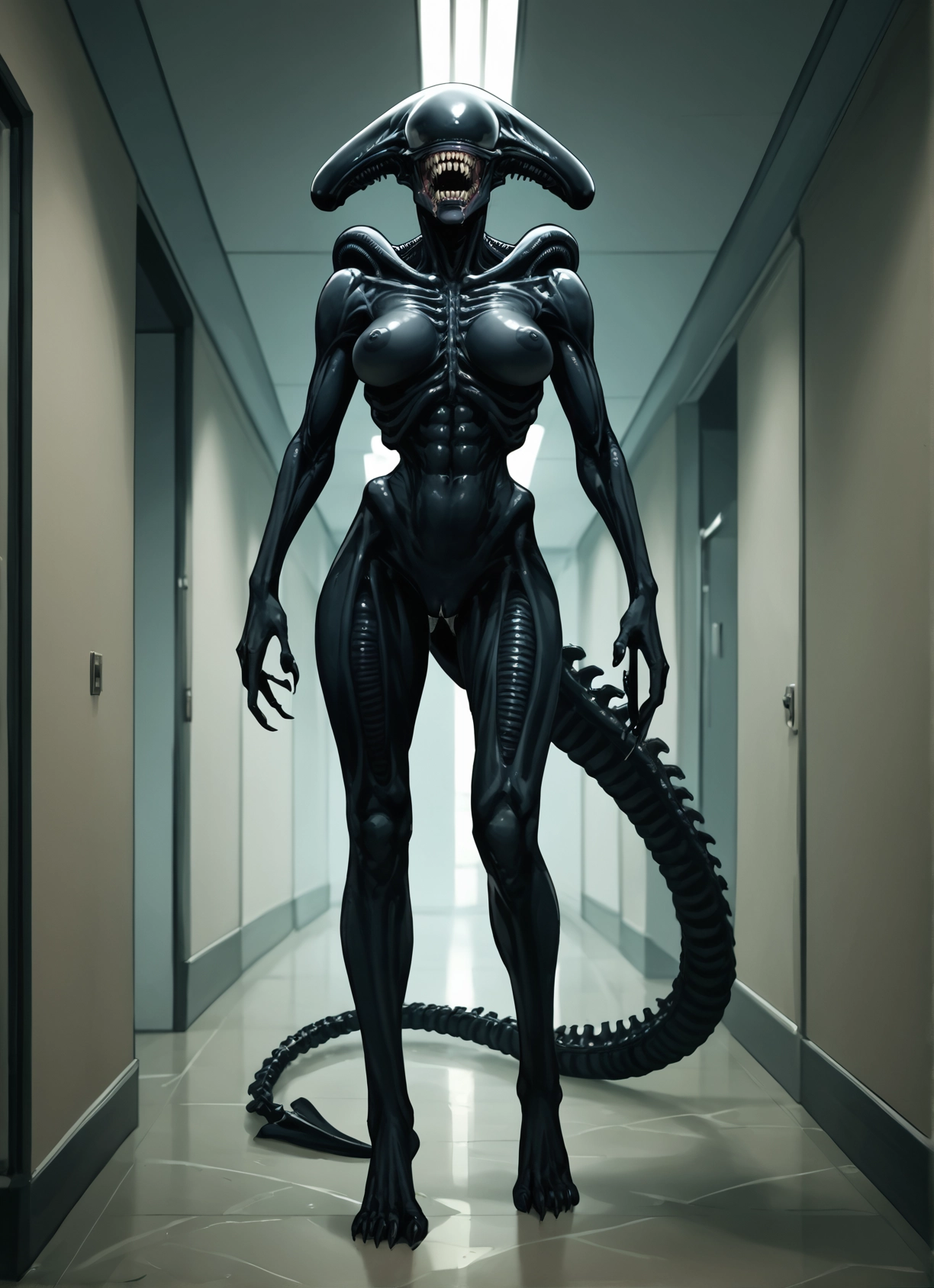 1girl, tail, breasts, teeth, solo, sharp teeth · Yamete.gg
