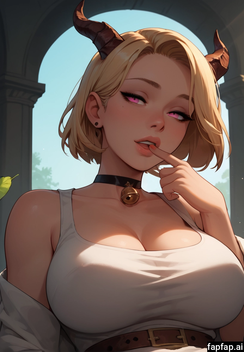 1girl, breasts, solo, large breasts, horns, finger to mouth · Yamete.gg
