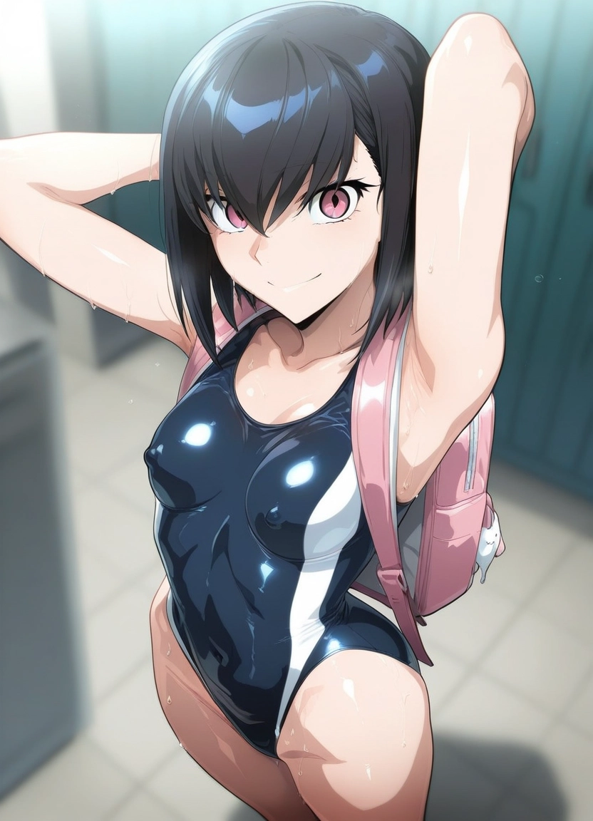 1girl, swimsuit, breasts, black hair, one-piece swimsuit, looking at viewer · Yamete.gg