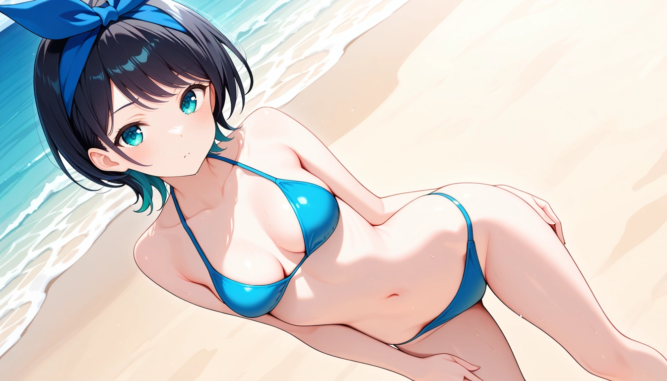 solo, 1girl, halterneck, swimsuit, navel, beach · Yamete.gg