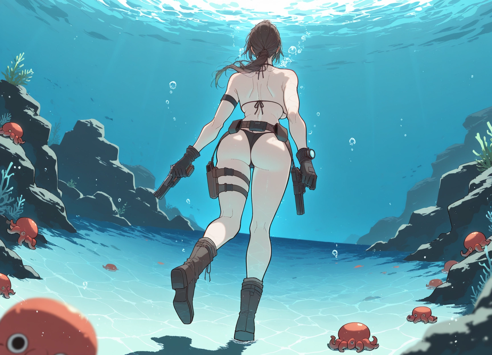 1girl, ass, weapon, gun, swimsuit, bikini · Yamete.gg
