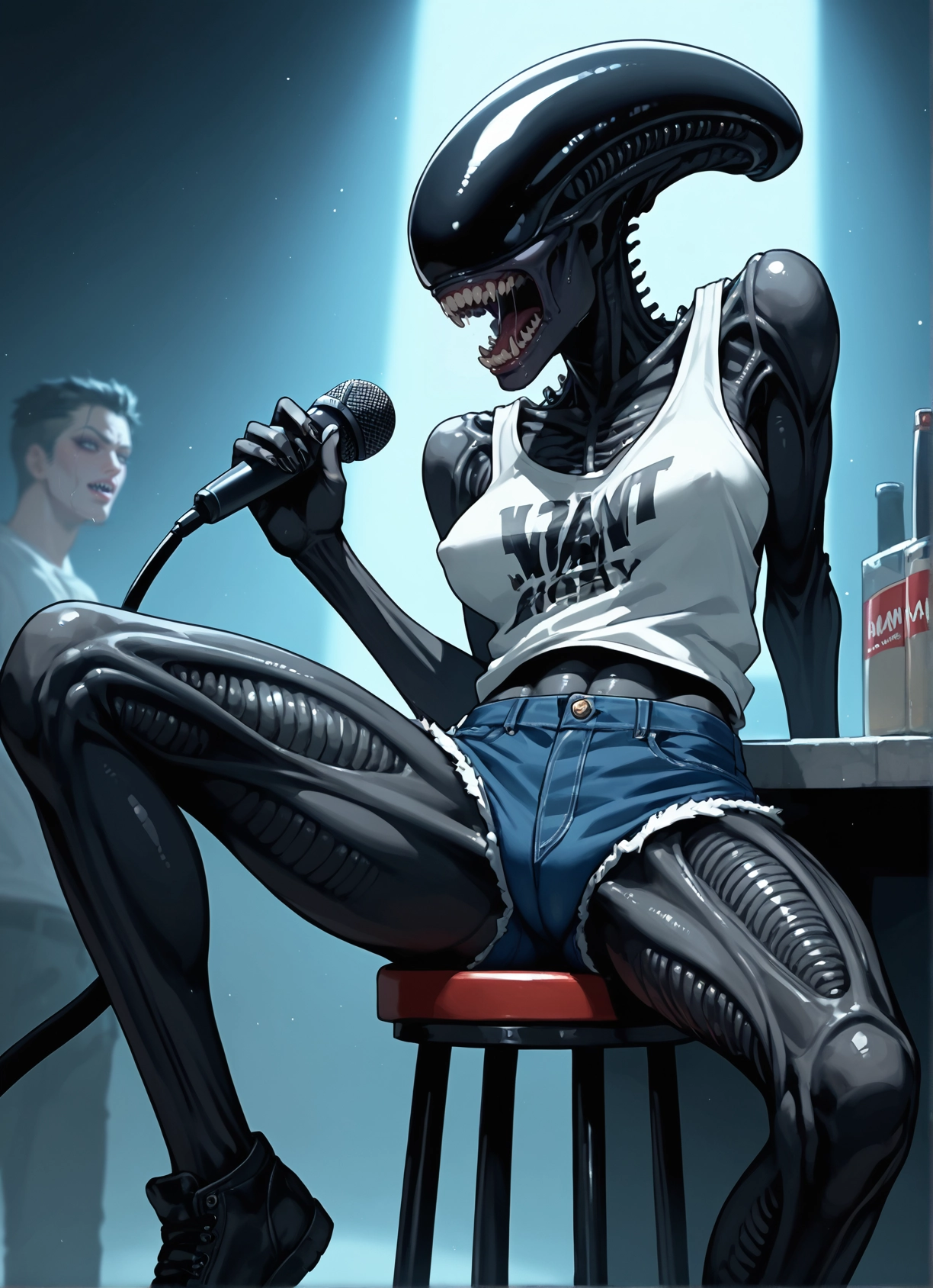 1girl, shorts, microphone, 1boy, sitting, denim · Yamete.gg