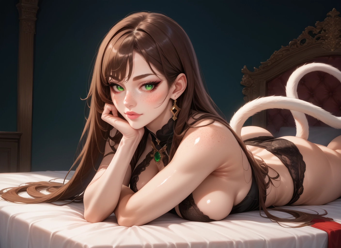 1girl, breasts, green eyes, underwear, tail, solo · Yamete.gg