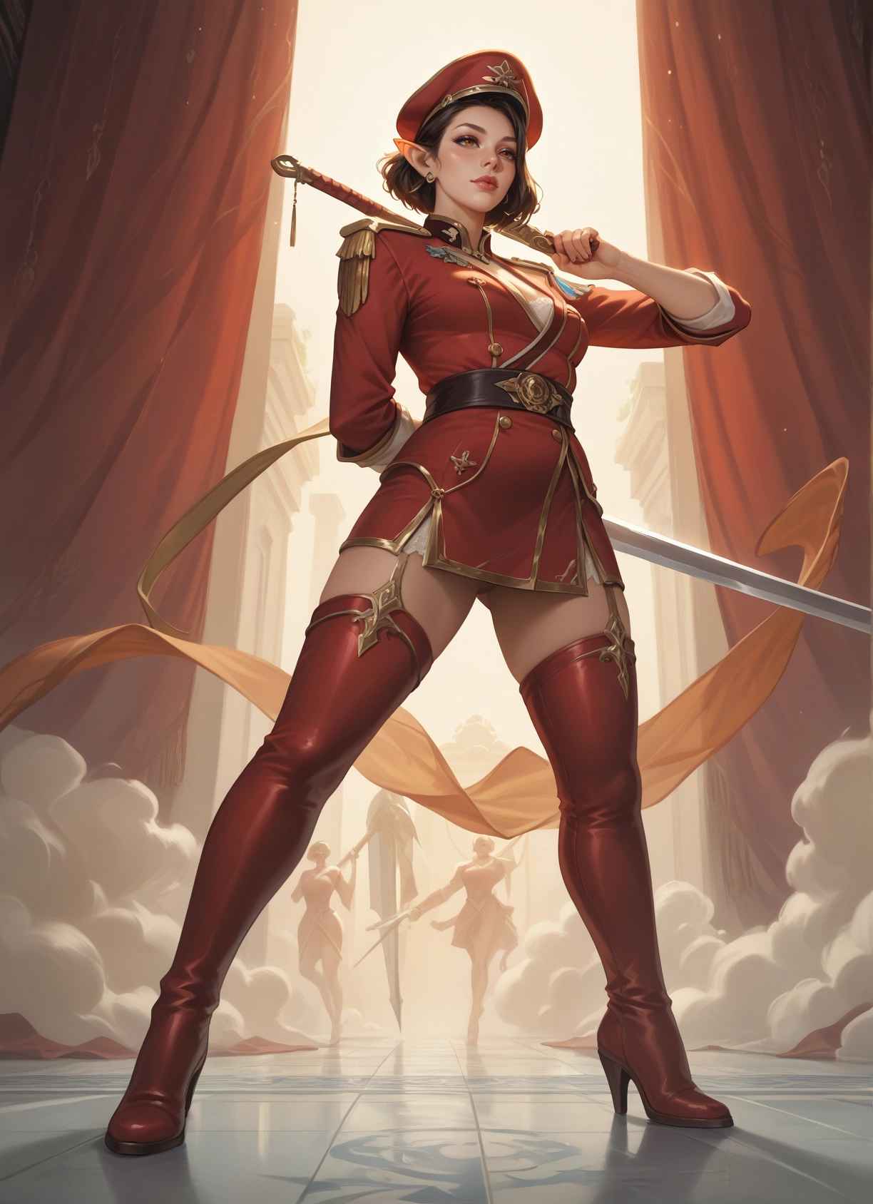weapon, thighhighs, sword, hat, pointy ears, boots · Yamete.gg