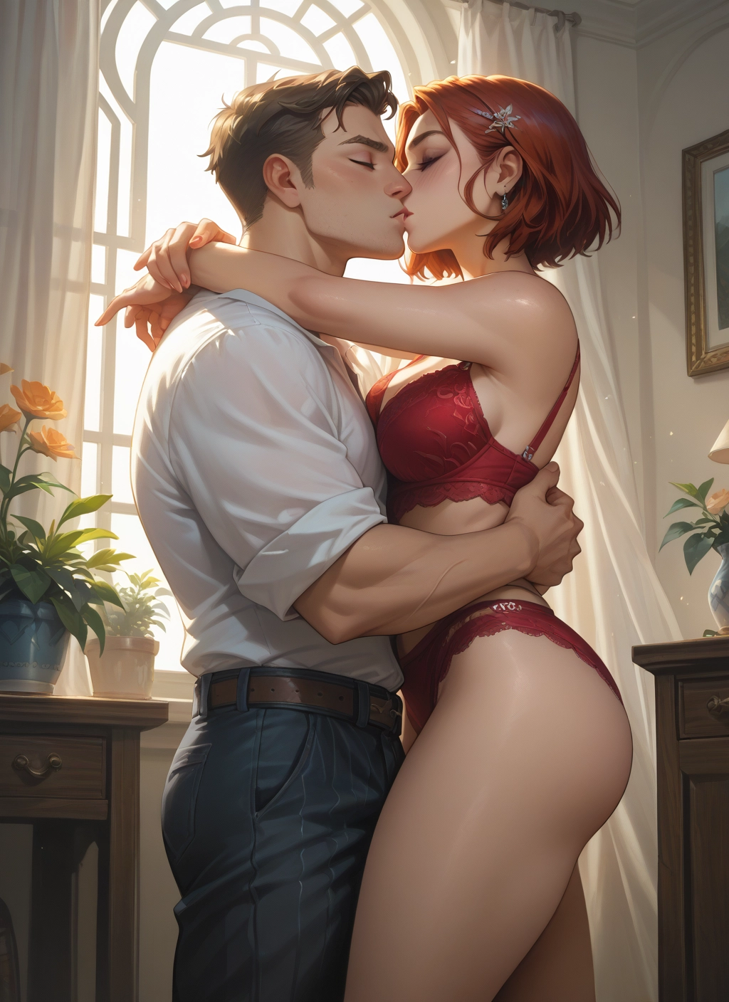 1girl, underwear, 1boy, panties, bra, kiss · Yamete.gg