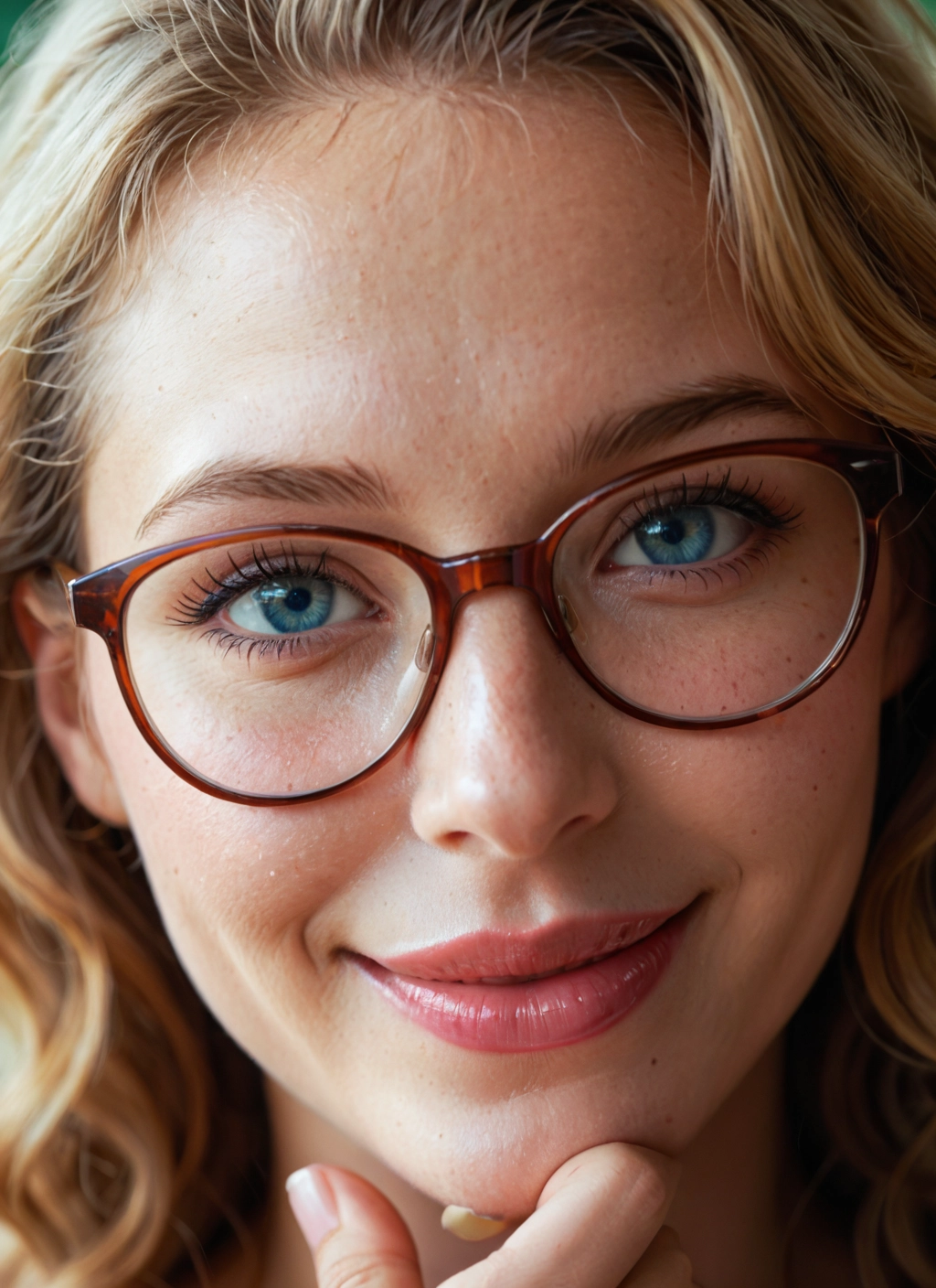1girl, solo, glasses, blonde hair, blue eyes, smile · Yamete.gg