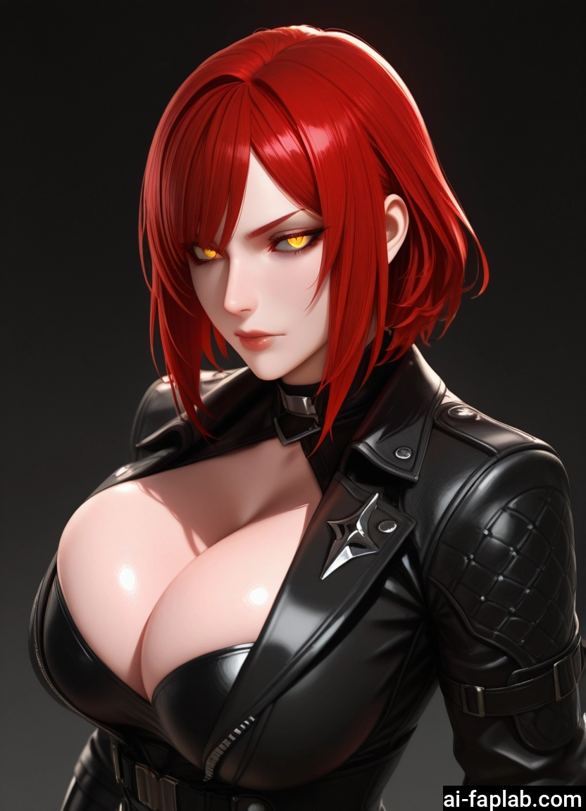 breasts, 1girl, red hair, cleavage, yellow eyes, solo · Yamete.gg