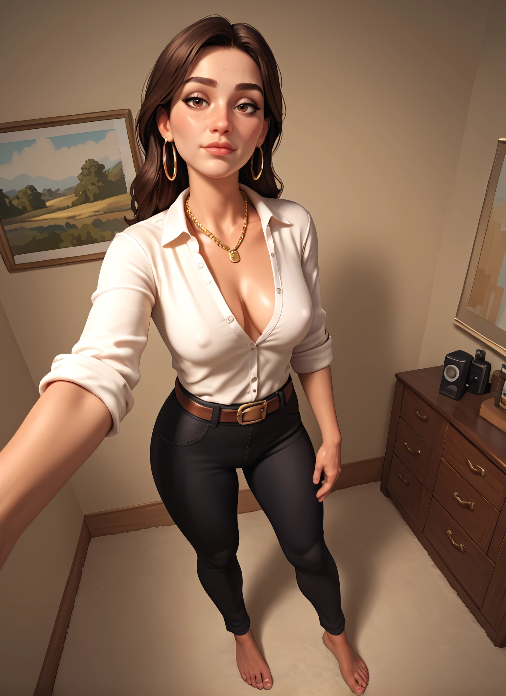 1girl, breasts, jewelry, brown hair, earrings, solo · Yamete.gg