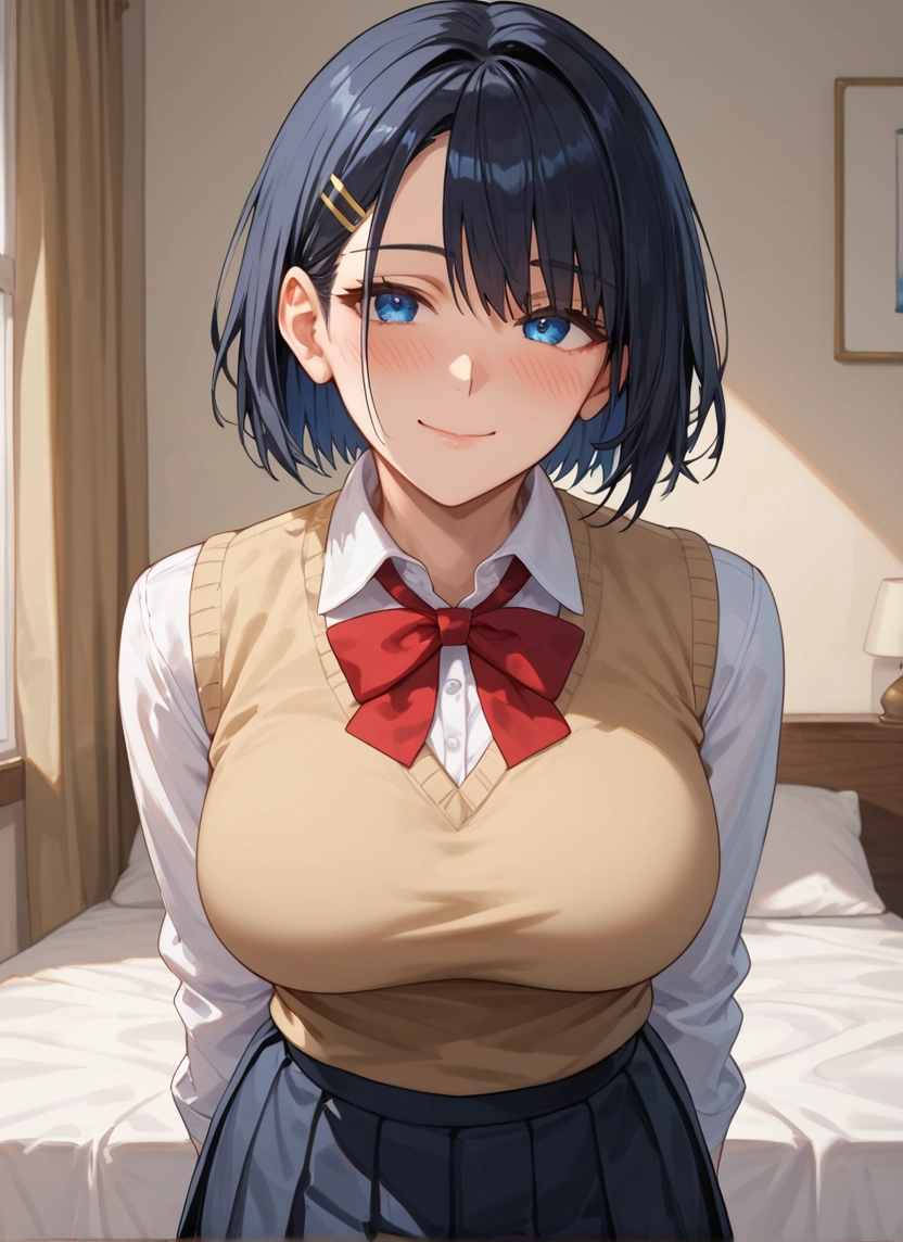 1girl, breasts, skirt, blue eyes, hair ornament, solo · Yamete.gg
