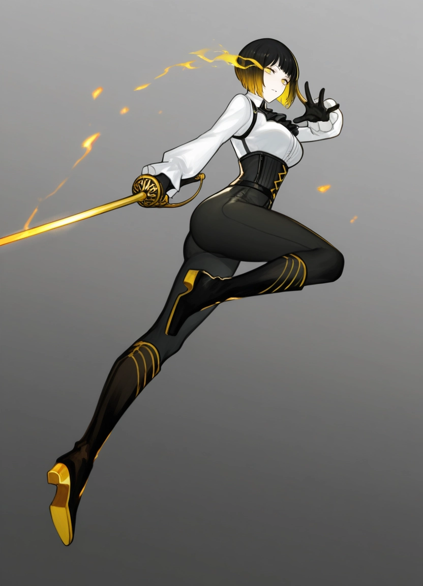 1girl, weapon, solo, sword, black hair, boots · Yamete.gg
