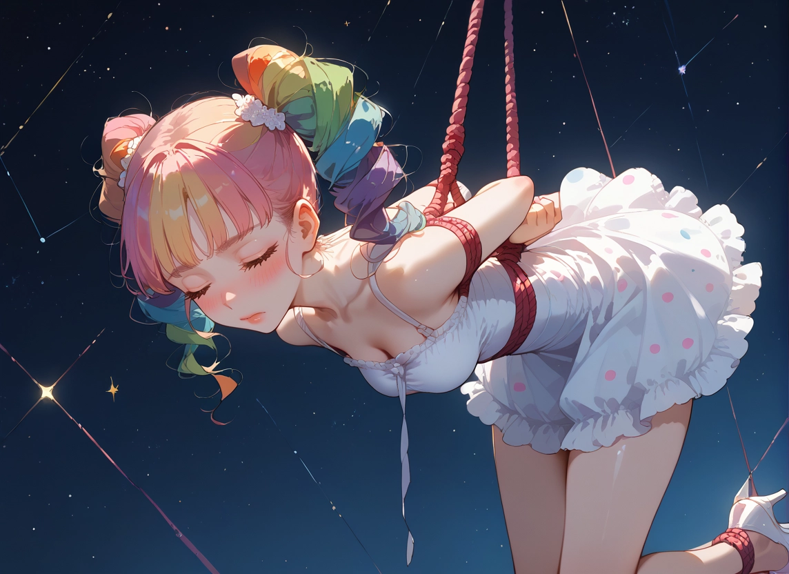 1girl, solo, breasts, dress, closed eyes, bound · Yamete.gg