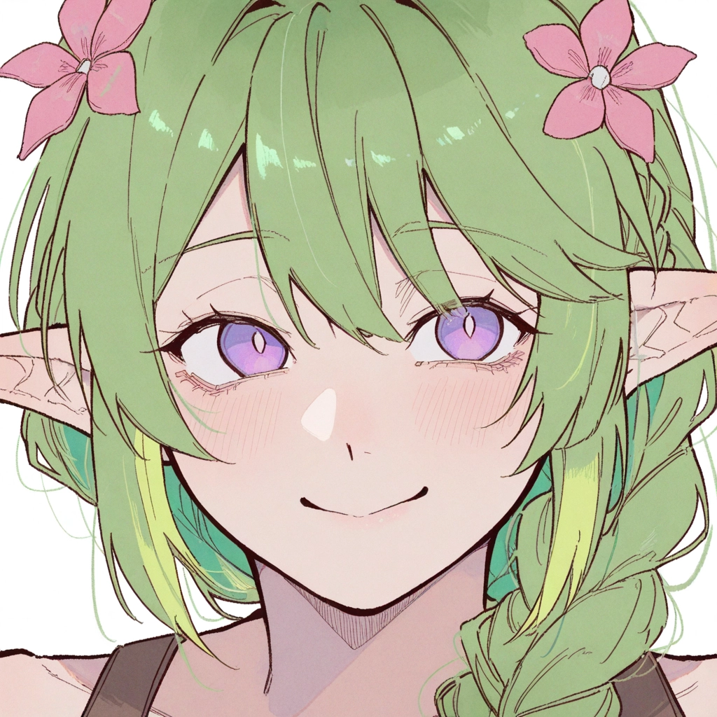 1girl, solo, pointy ears, flower, green hair, hair ornament · Yamete.gg