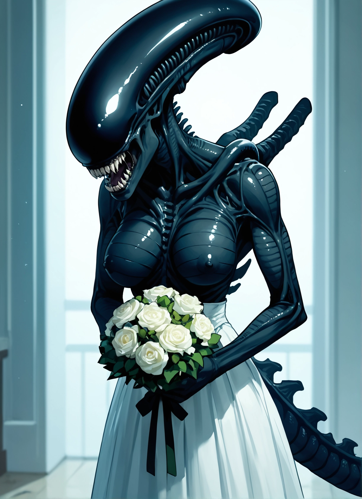 flower, 1girl, breasts, bouquet, teeth, skirt · Yamete.gg