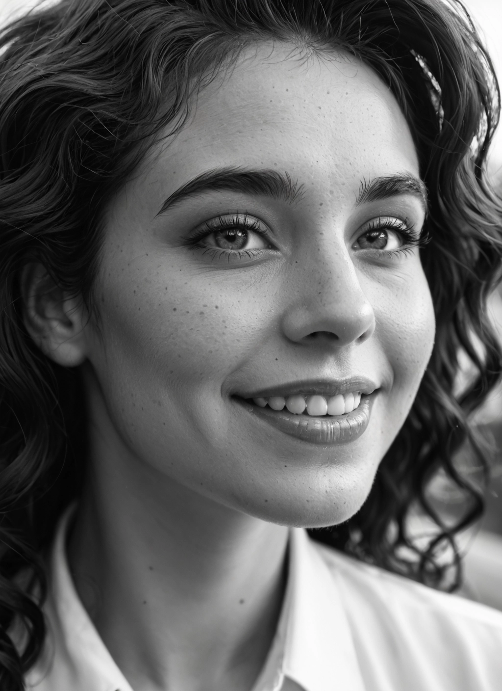 monochrome, greyscale, 1girl, solo, freckles, smile · Yamete.gg