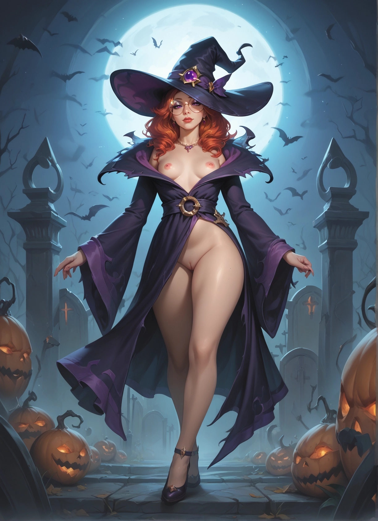 1girl, breasts, hat, nipples, witch hat, solo · Yamete.gg