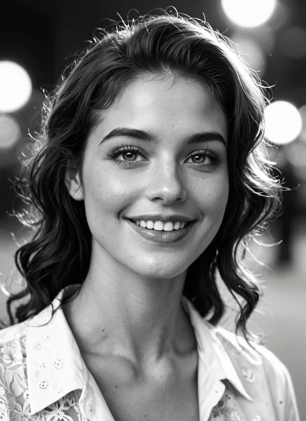 1girl, solo, greyscale, monochrome, smile, freckles · Yamete.gg