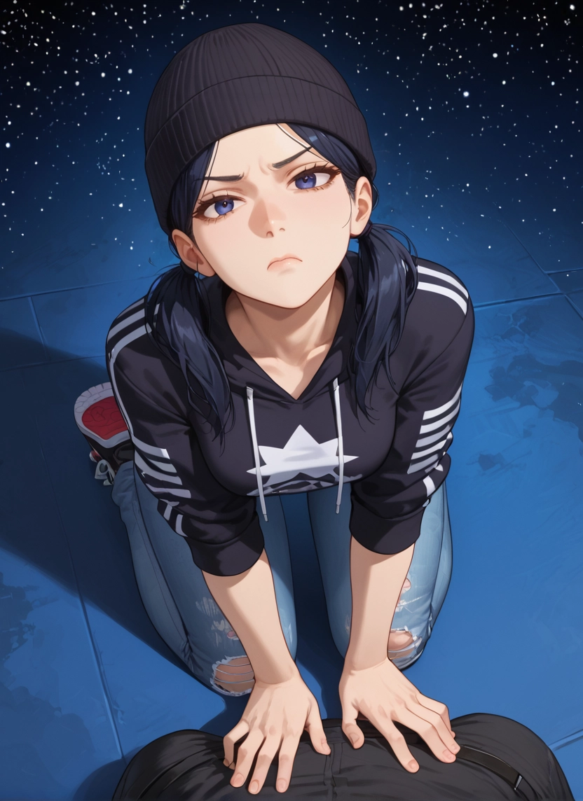 1girl, hat, hood, twintails, looking at viewer, pants