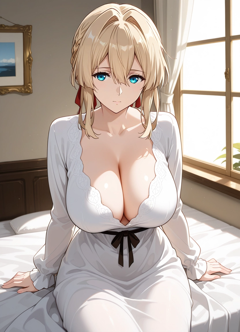 1girl, breasts, solo, ribbon, indoors, white dress