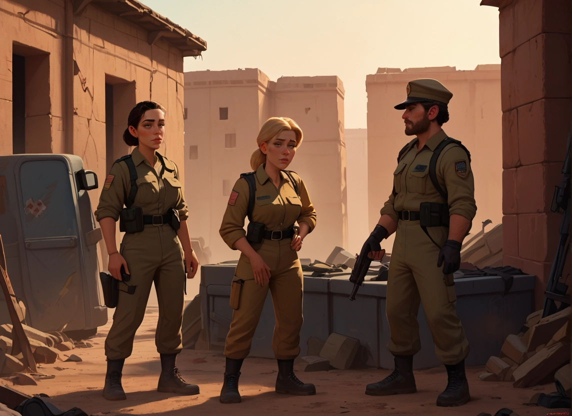 gun, weapon, hat, facial hair, multiple girls, rifle
