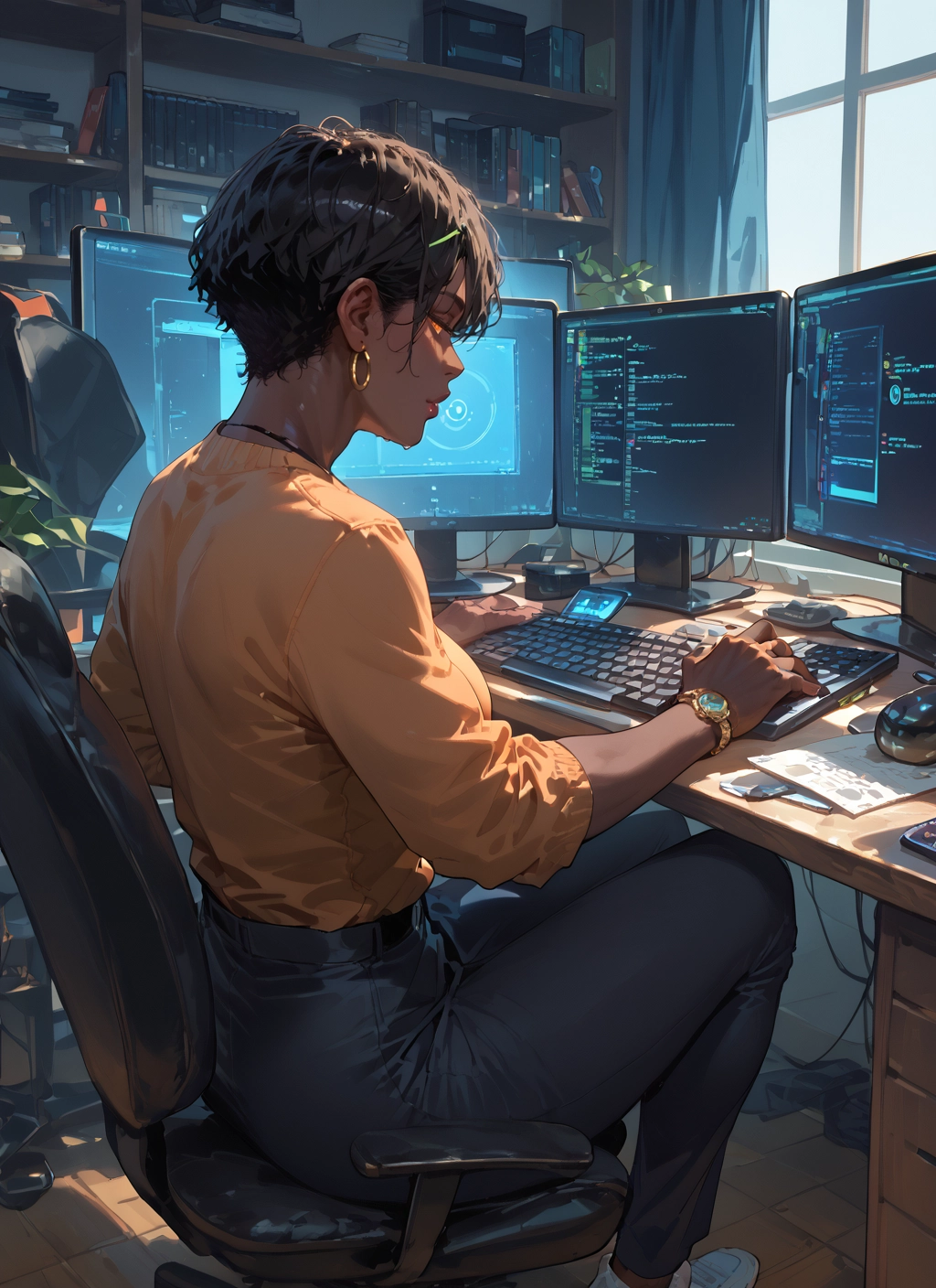 1girl, jewelry, earrings, watch, short hair, sitting · Yamete.gg