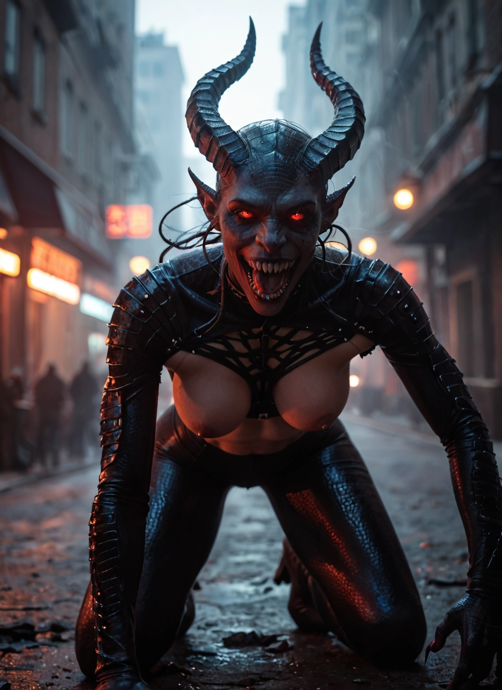 1girl, breasts, horns, nipples, pointy ears, red eyes · Yamete.gg