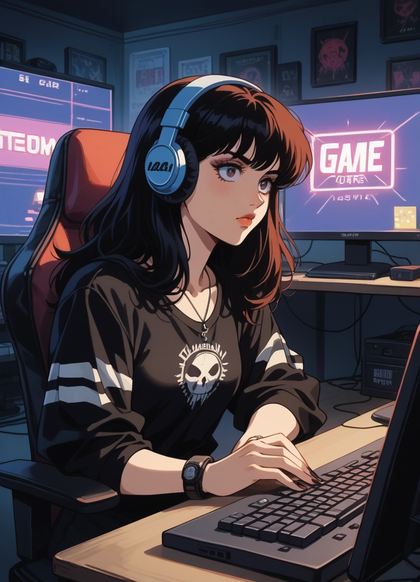 1girl, solo, keyboard (computer), monitor, blue eyes, black hair · Yamete.gg