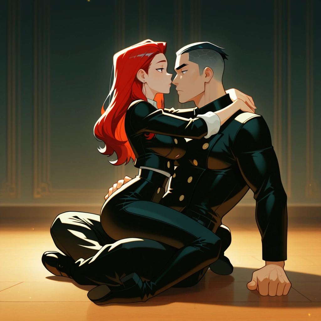 1girl, 1boy, red hair, looking at another, eye contact, long hair · Yamete.gg