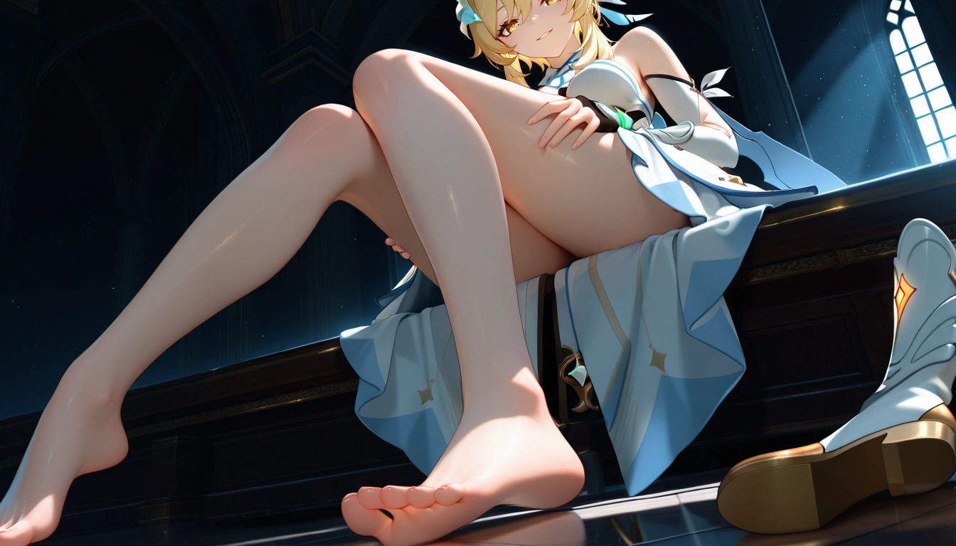 1girl, lumine (genshin impact), barefoot, feet, blonde hair, solo · Yamete.gg