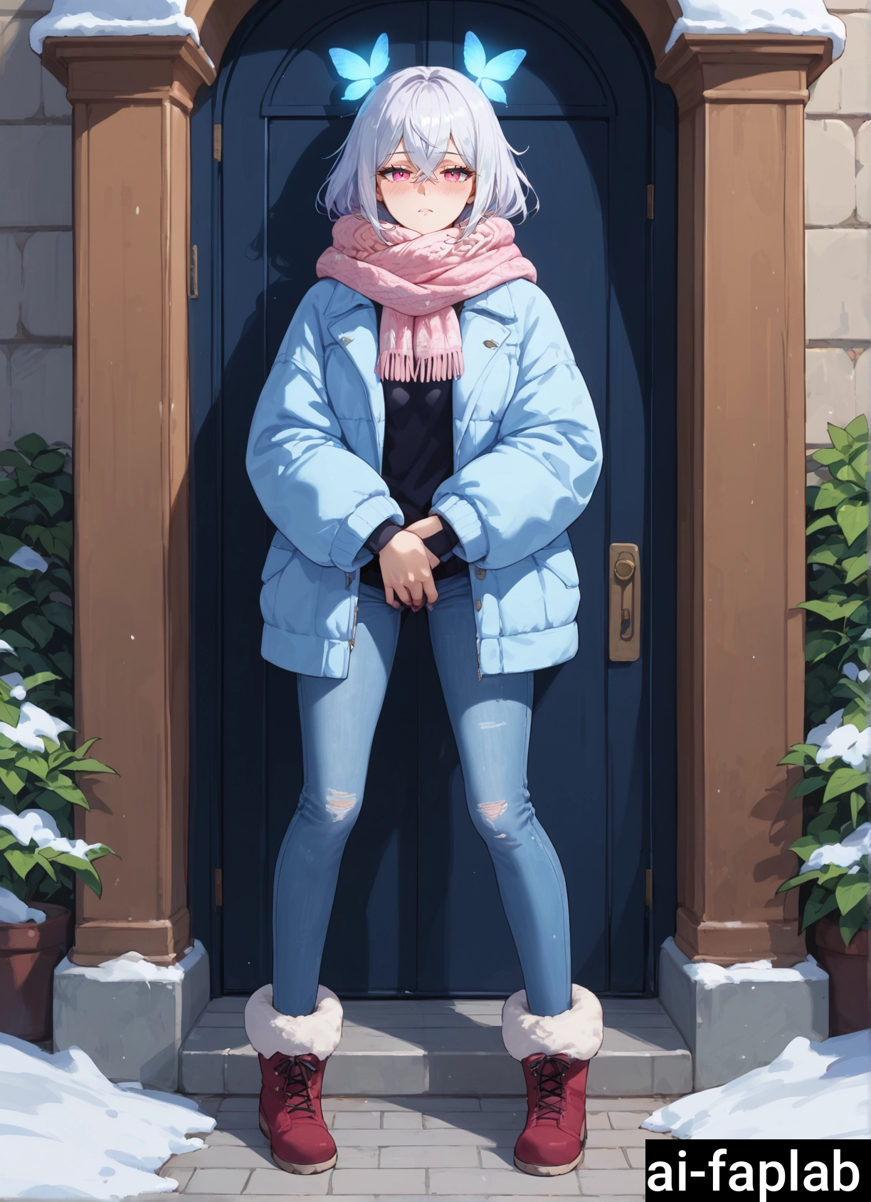 1girl, scarf, denim, pants, solo, torn pants · Yamete.gg