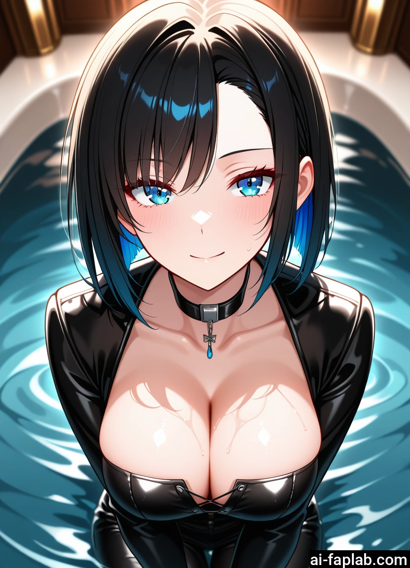 breasts, 1girl, blue eyes, solo, black hair, cleavage