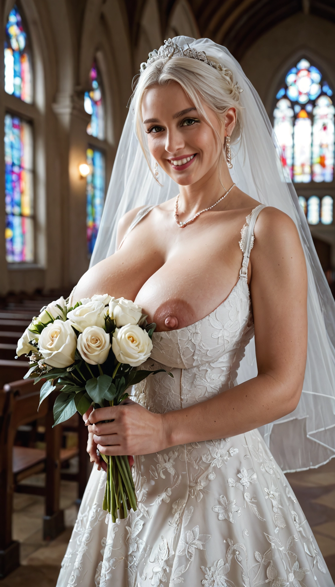 1girl, dress, breasts, flower, nipples, wedding dress