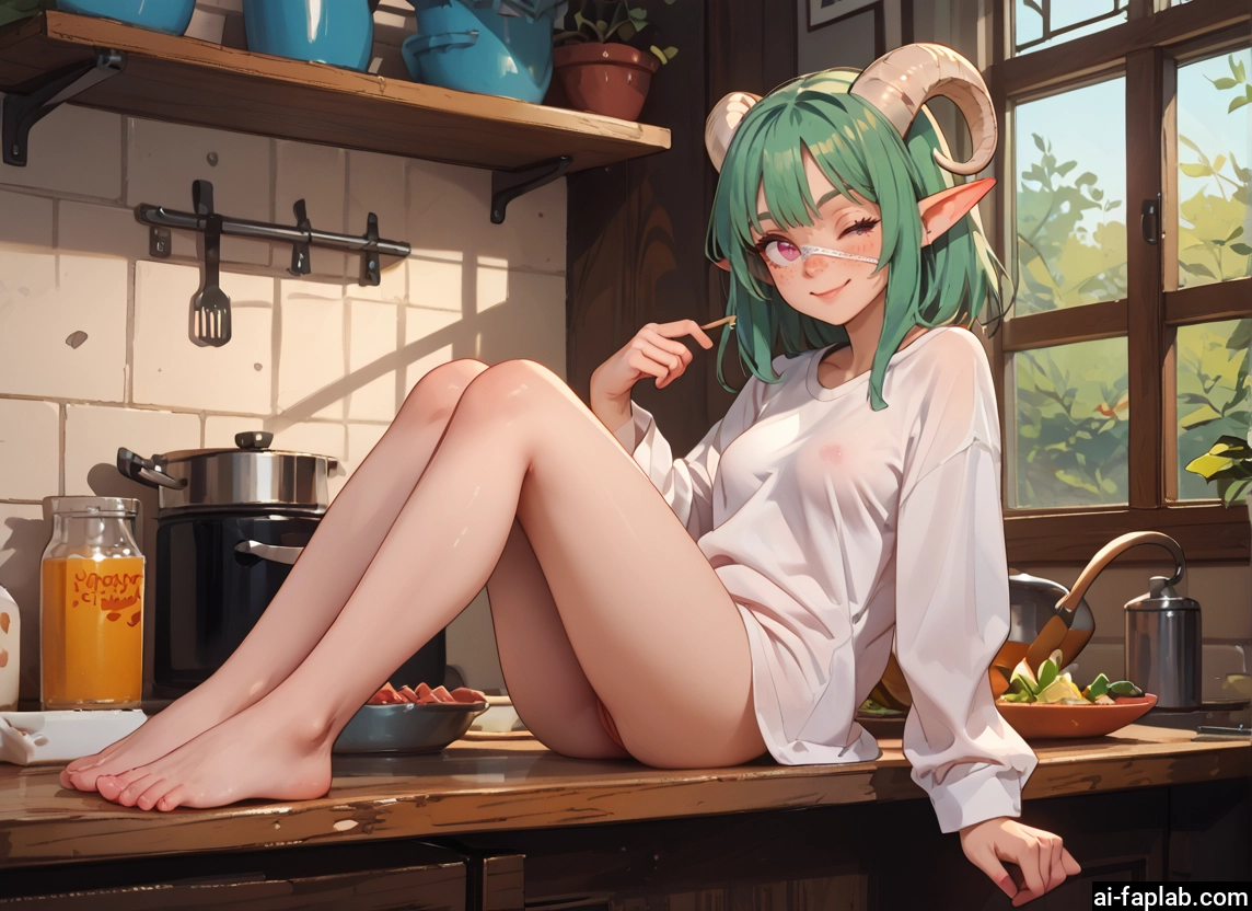 1girl, horns, barefoot, solo, one eye closed, pointy ears · Yamete.gg