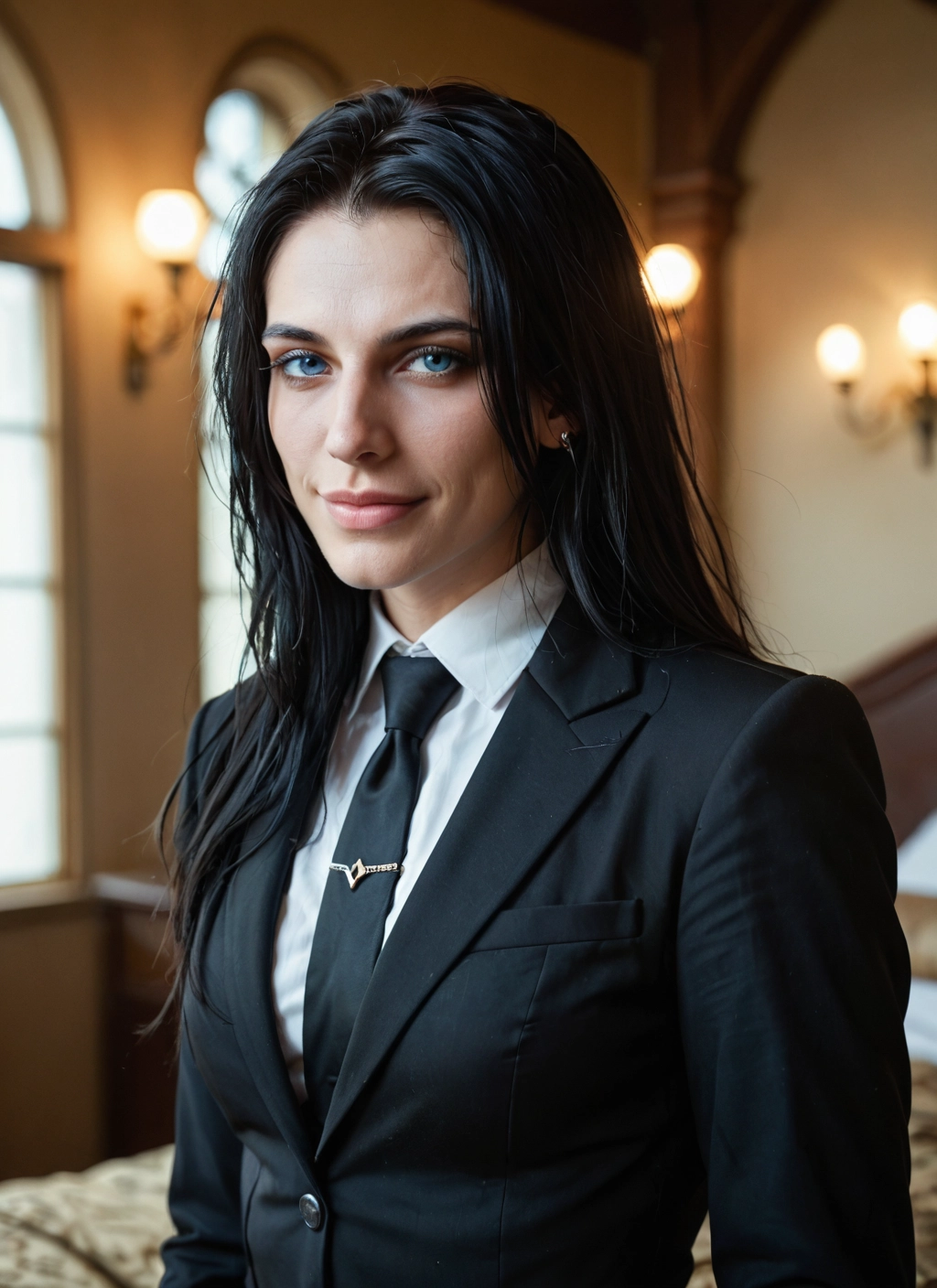 black hair, solo, 1girl, necktie, blue eyes, long hair · Yamete.gg