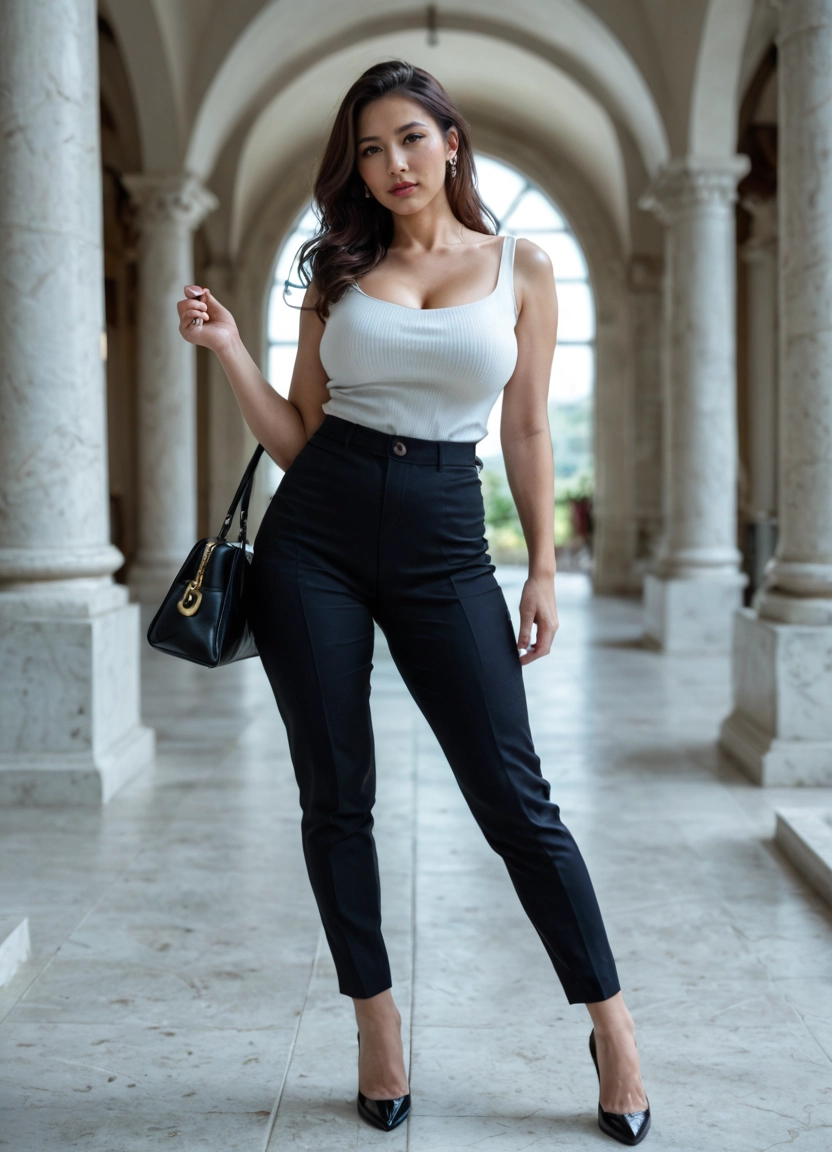 1girl, solo, breasts, jewelry, earrings, pants · Yamete.gg