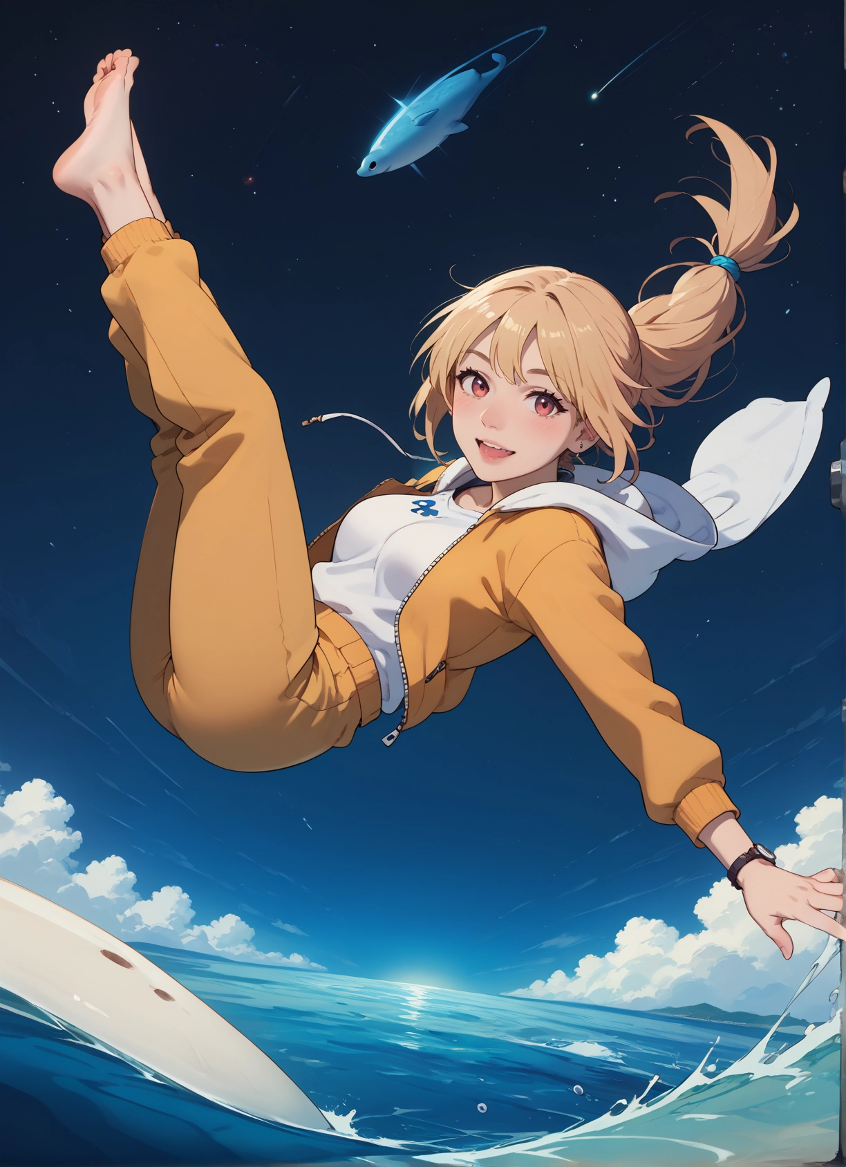 1girl, barefoot, solo, blonde hair, hood, open mouth · Yamete.gg