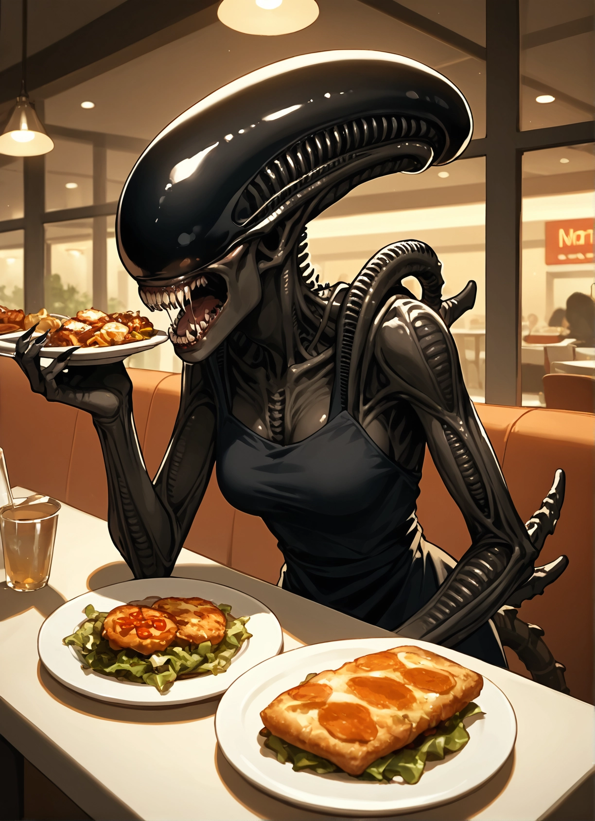 food, 1girl, teeth, plate, cup, open mouth · Yamete.gg