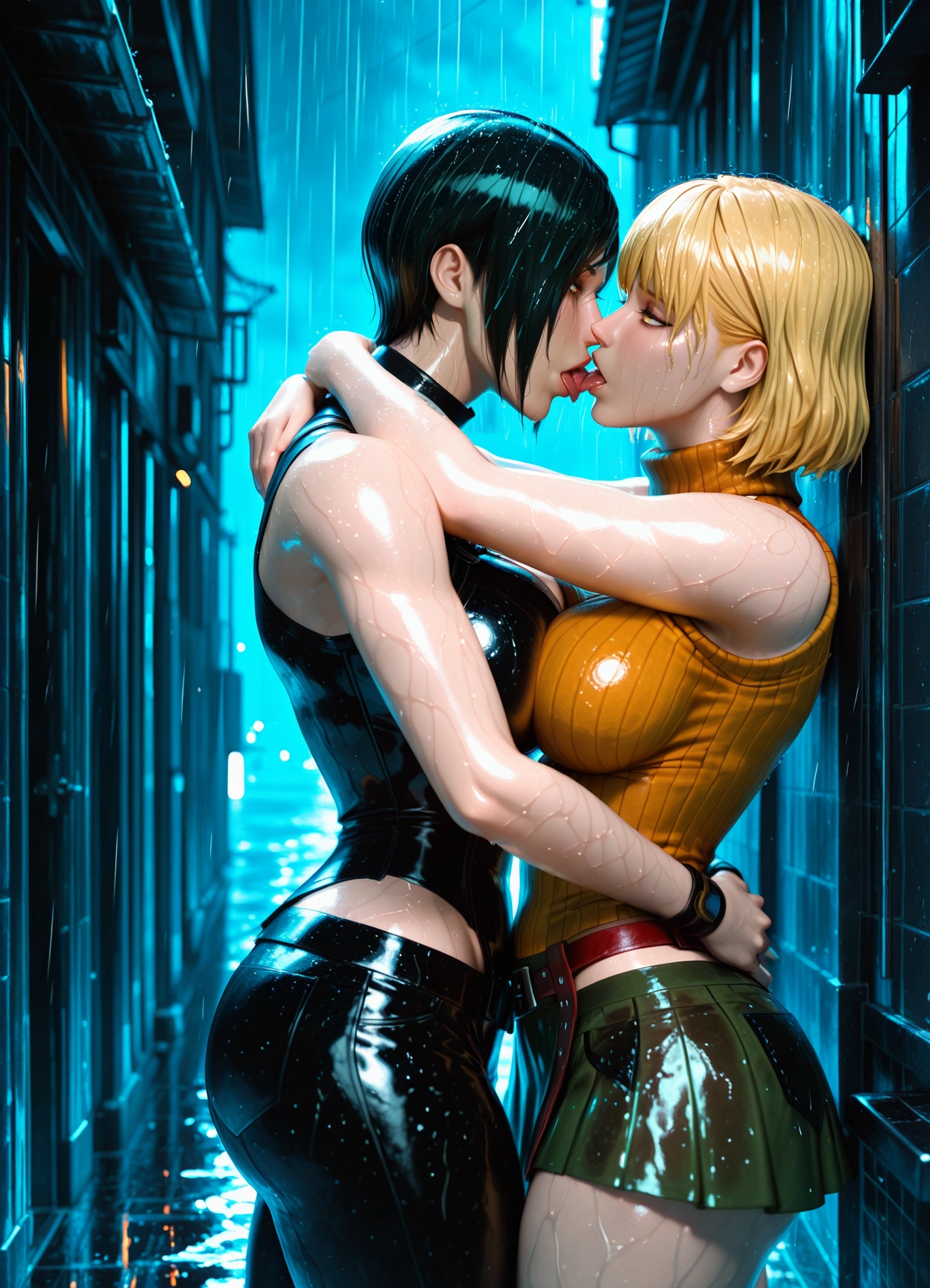 french kiss, multiple girls, 2girls, kiss, rain, blonde hair · Yamete.gg