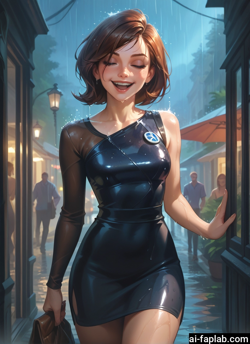 rain, brown hair, 1girl, wet, closed eyes, dress · Yamete.gg