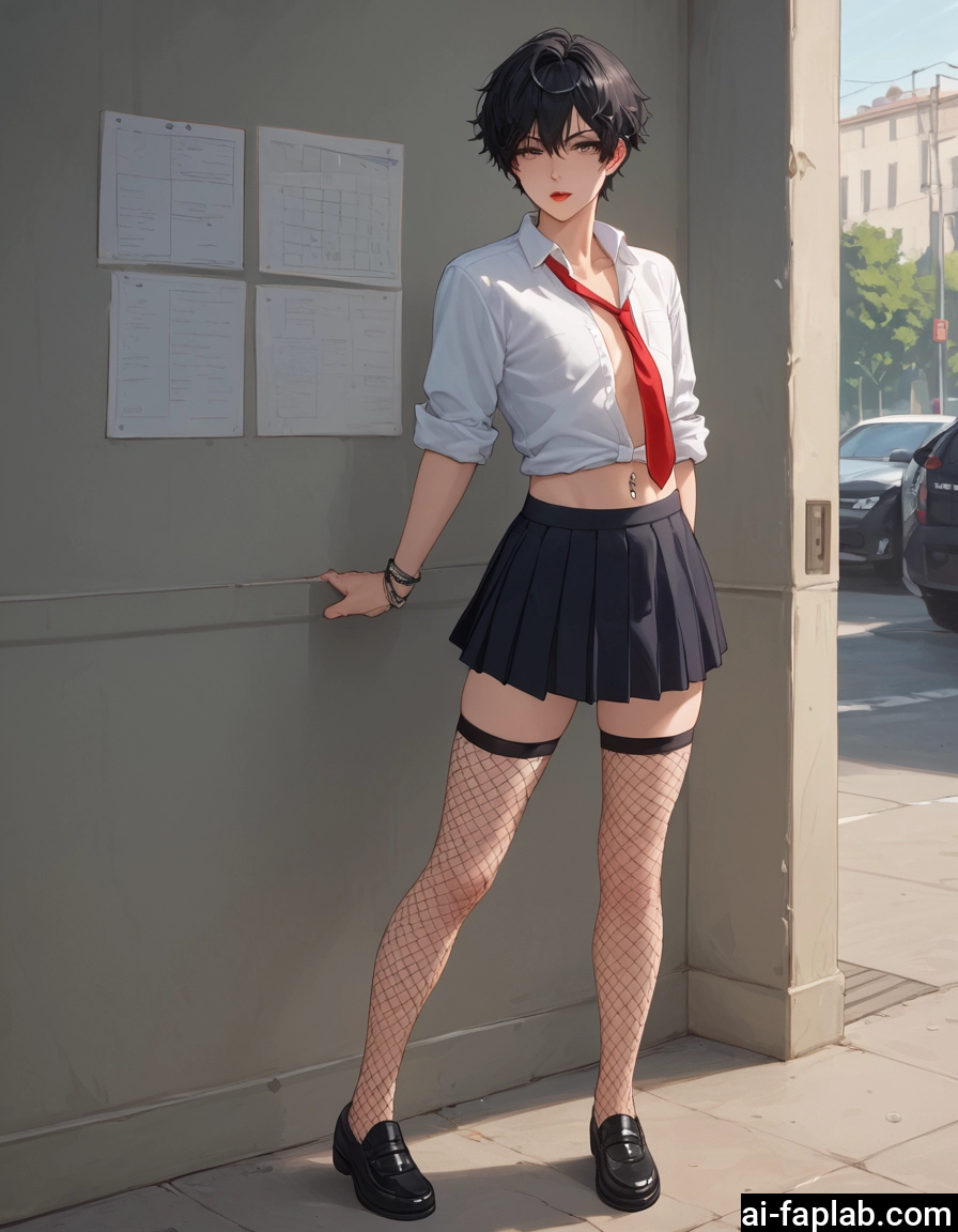 skirt, thighhighs, fishnets, necktie, motor vehicle, short hair · Yamete.gg