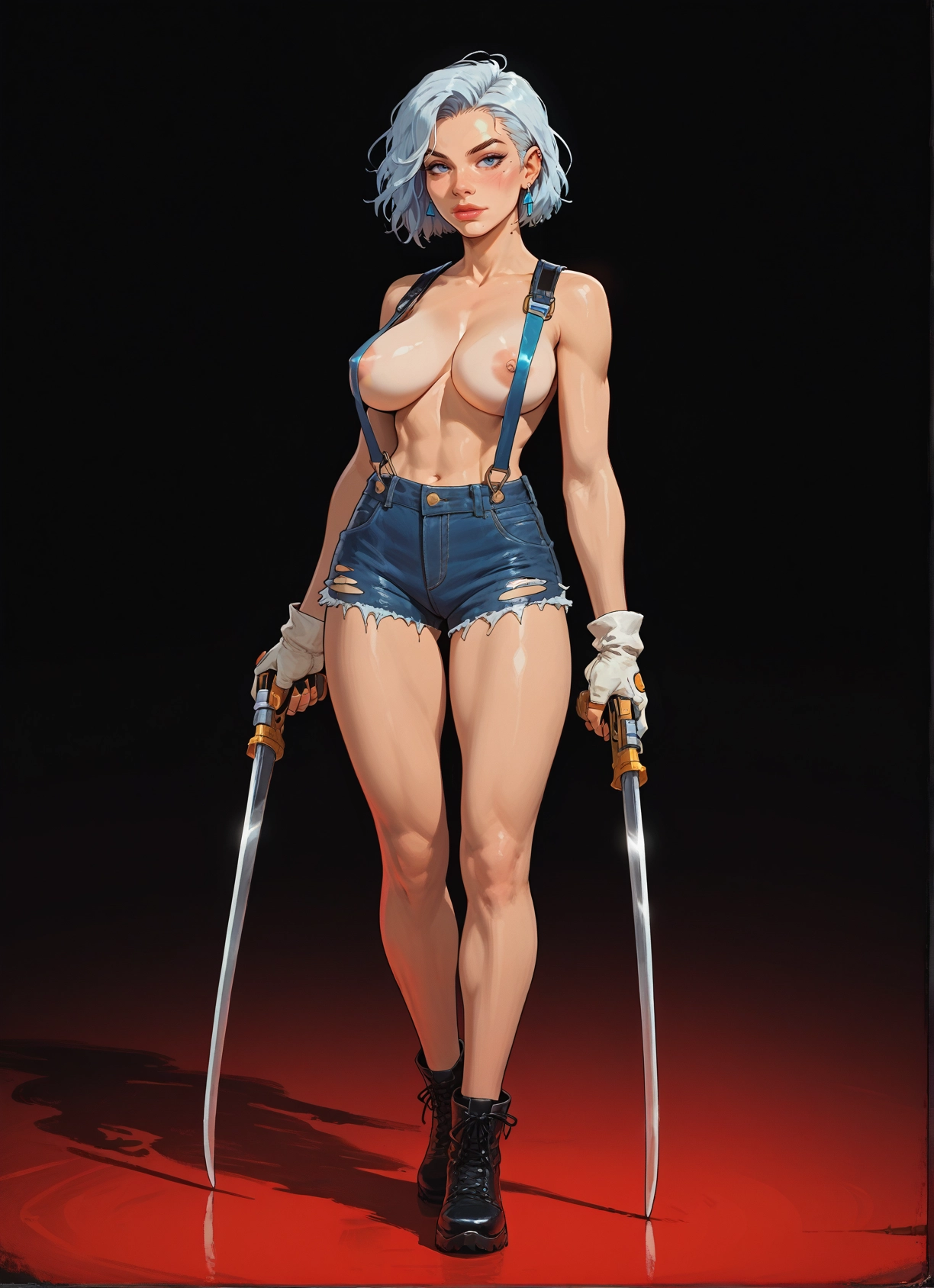 1girl, breasts, solo, gloves, nipples, weapon · Yamete.gg