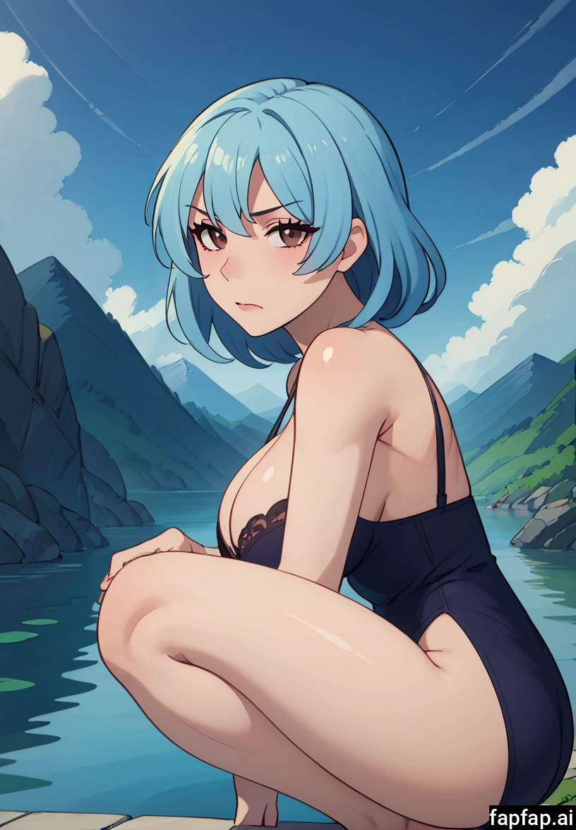 1girl, breasts, solo, blue hair, swimsuit, looking at viewer · Yamete.gg