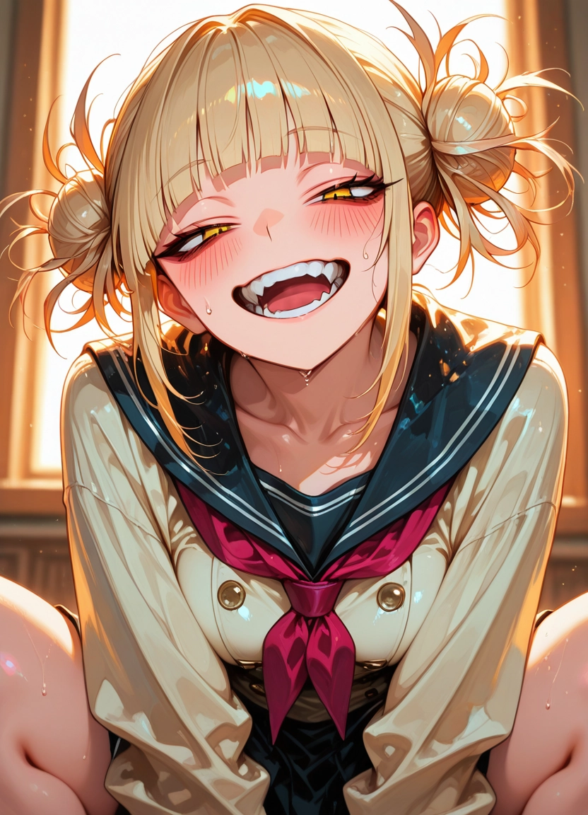 toga himiko, 1girl, blonde hair, double bun, hair bun, solo