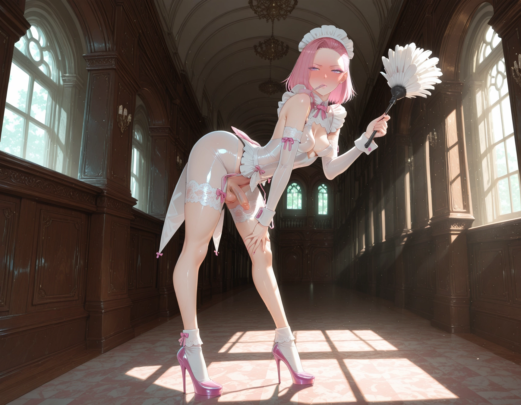 futanari, penis, solo, high heels, pink hair, 1girl · Yamete.gg