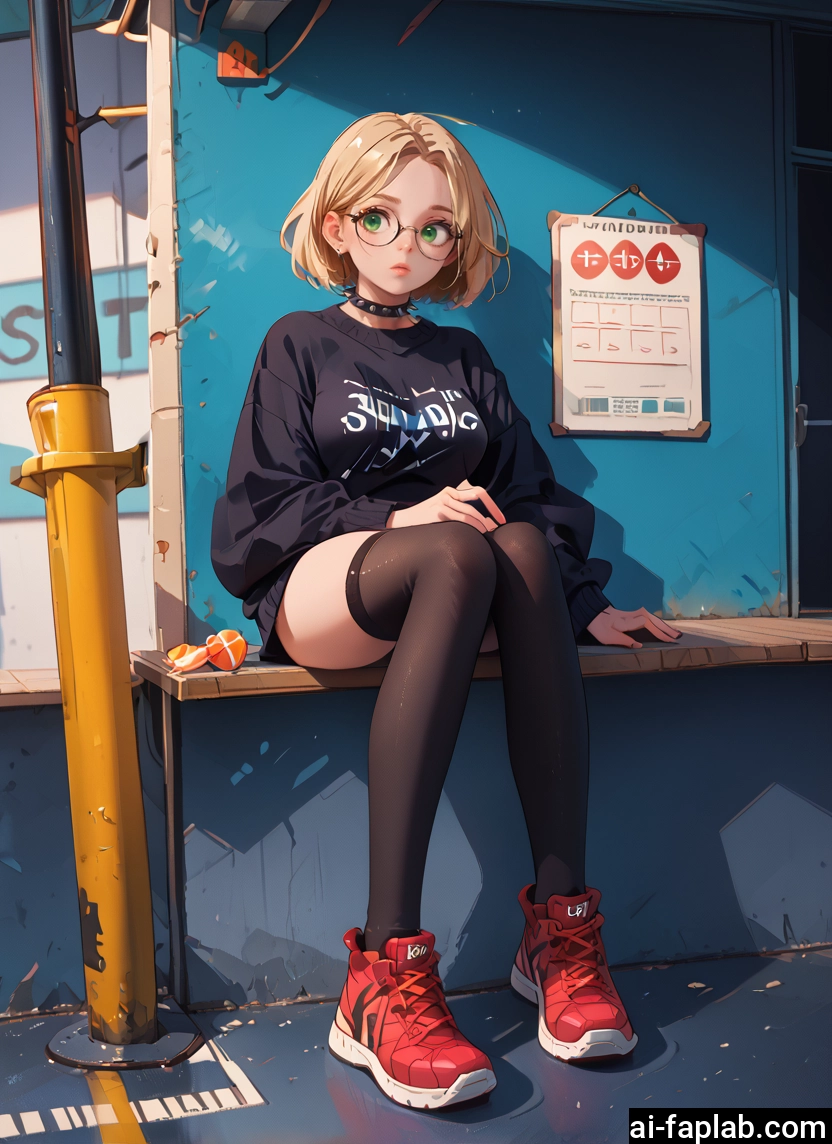 1girl, thighhighs, solo, green eyes, glasses, sitting · Yamete.gg