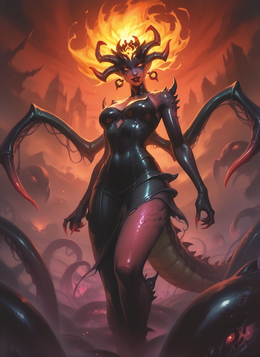 1girl, horns, tail, breasts, earrings, jewelry · Yamete.gg