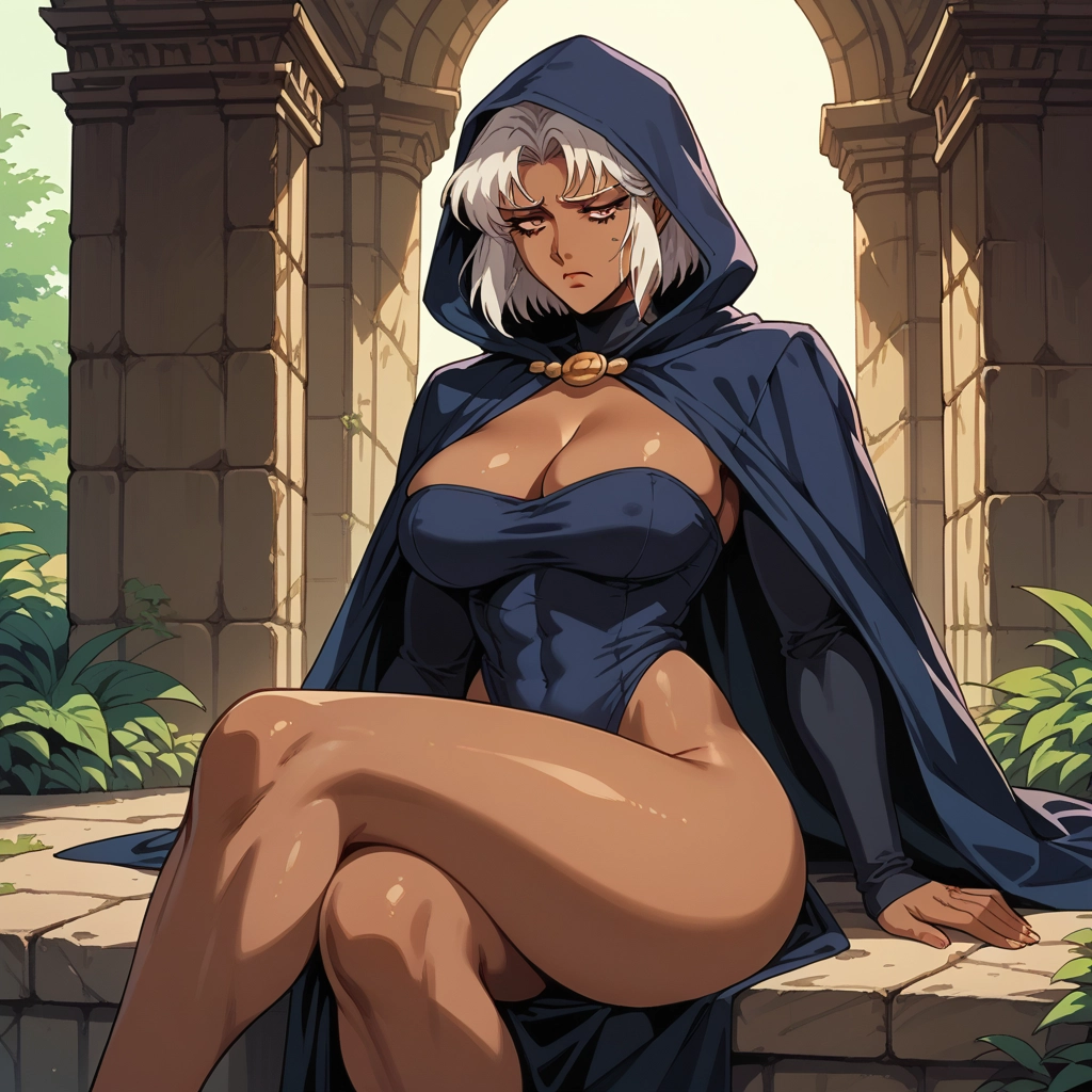 breasts, sitting, hood, 1girl, dark skin, crossed legs · Yamete.gg