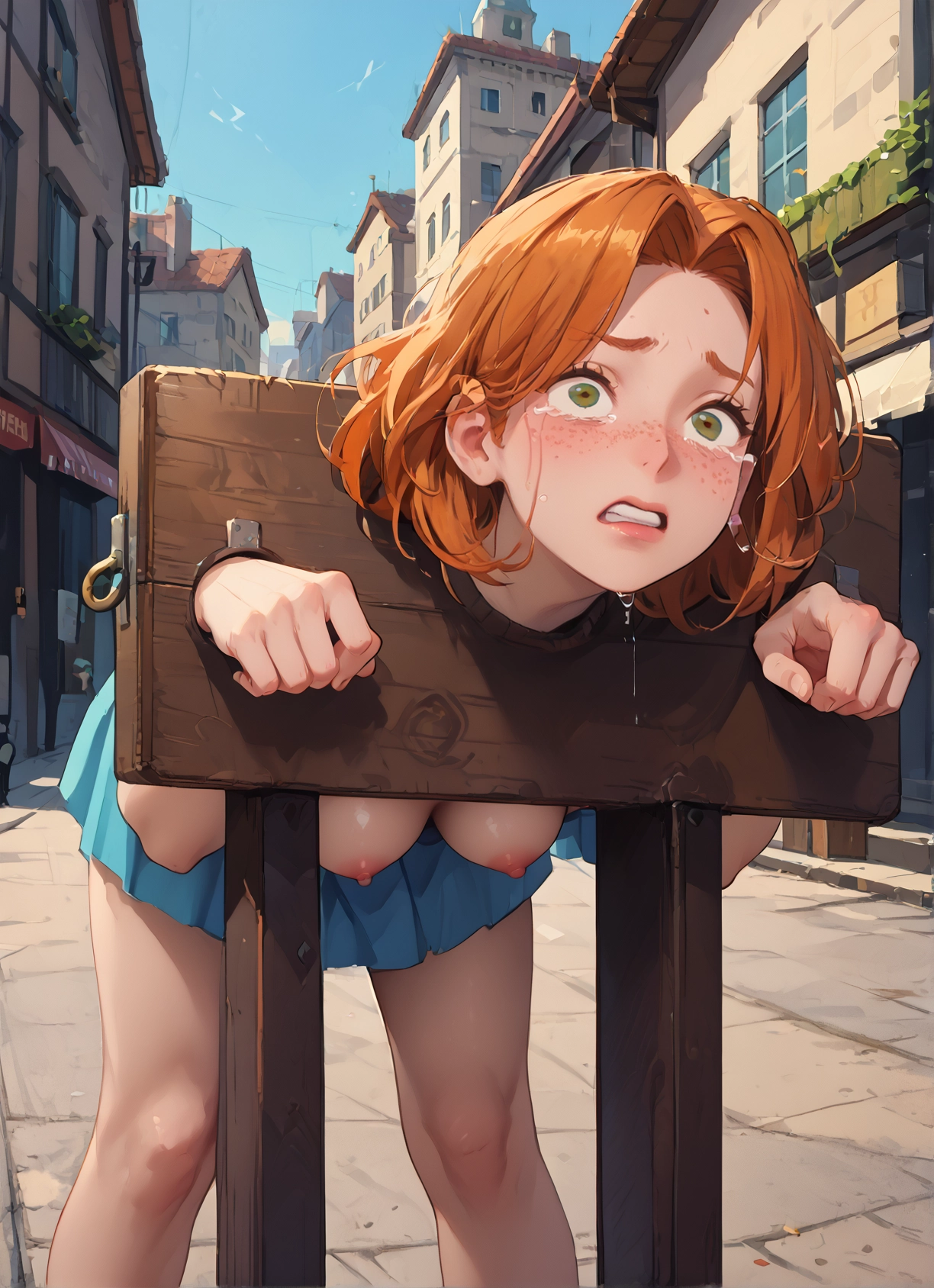 breasts, nipples, 1girl, skirt, tears, freckles · Yamete.gg