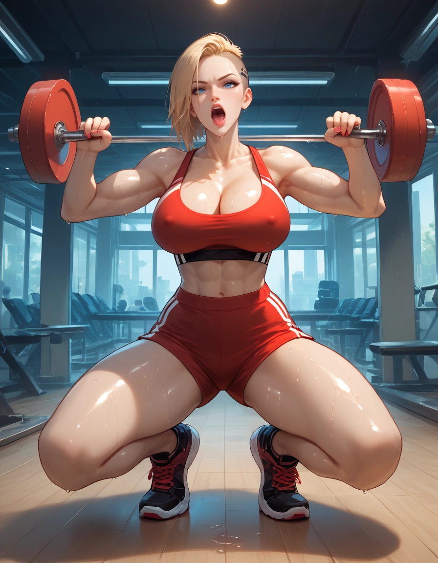 1girl, weightlifting, exercise, dumbbell, breasts, sports bra · Yamete.gg
