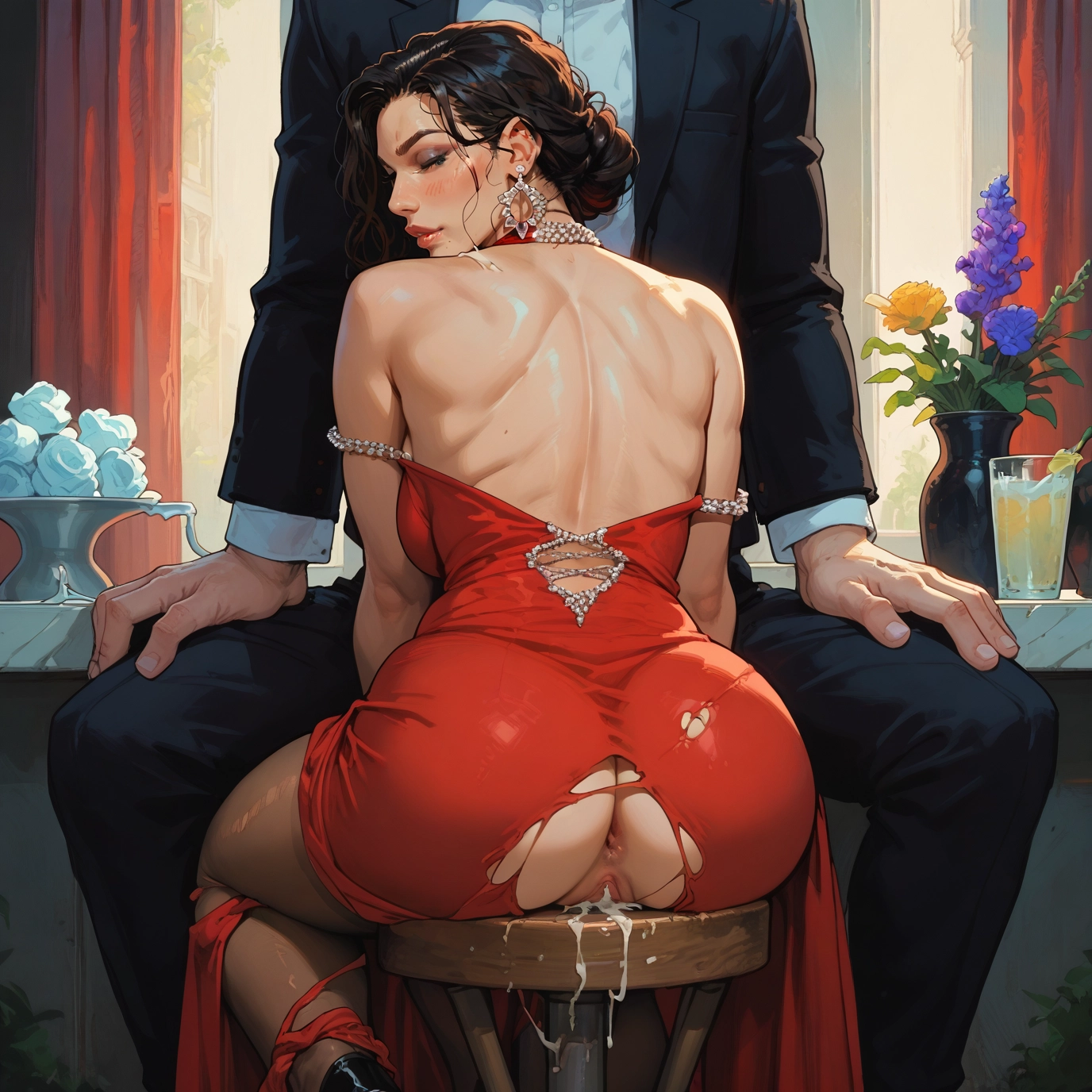 1girl, ass, dress, torn clothes, 1boy, jewelry · Yamete.gg